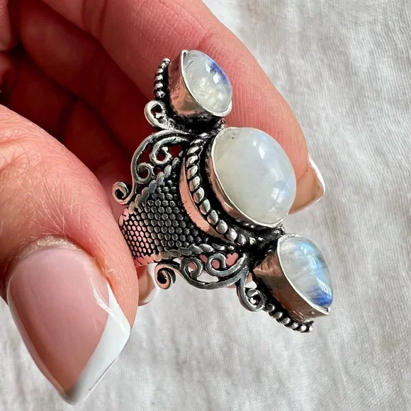 925 OMG! Gorgeous! Triple Rainbow Flash Moonstone Ring 6 7 8 9 10 - Picture 10 of 11